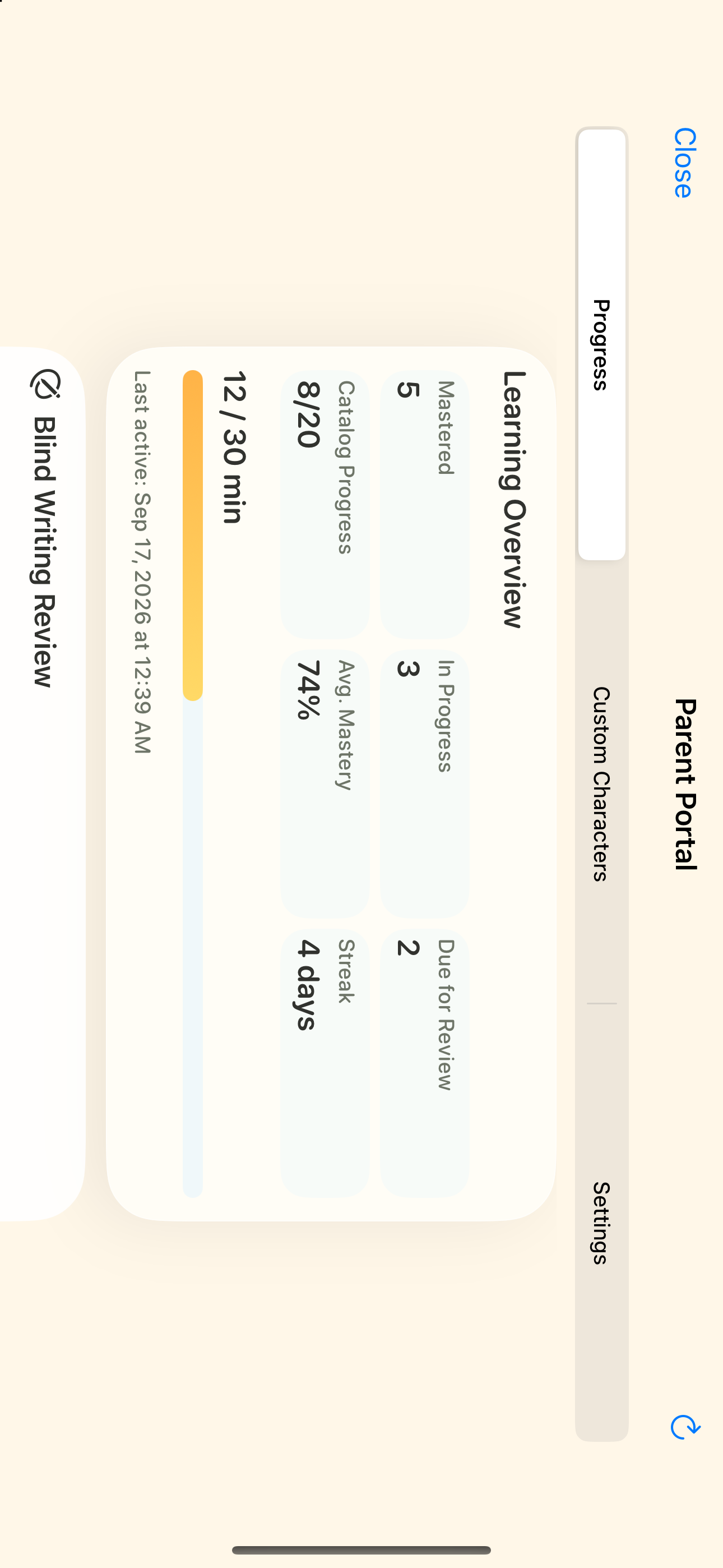 The parent dashboard with learning progress and settings